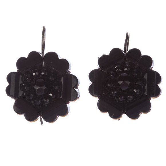 Victorian Jet Flower Dangle Earrings Sterling Silver Posts...